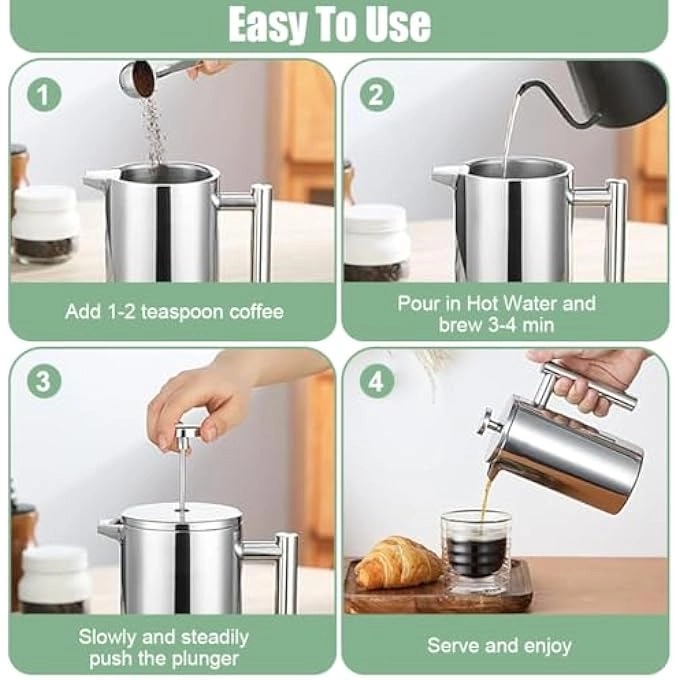 French Press - 1000Ml Double Layer Filter 2 Spoon