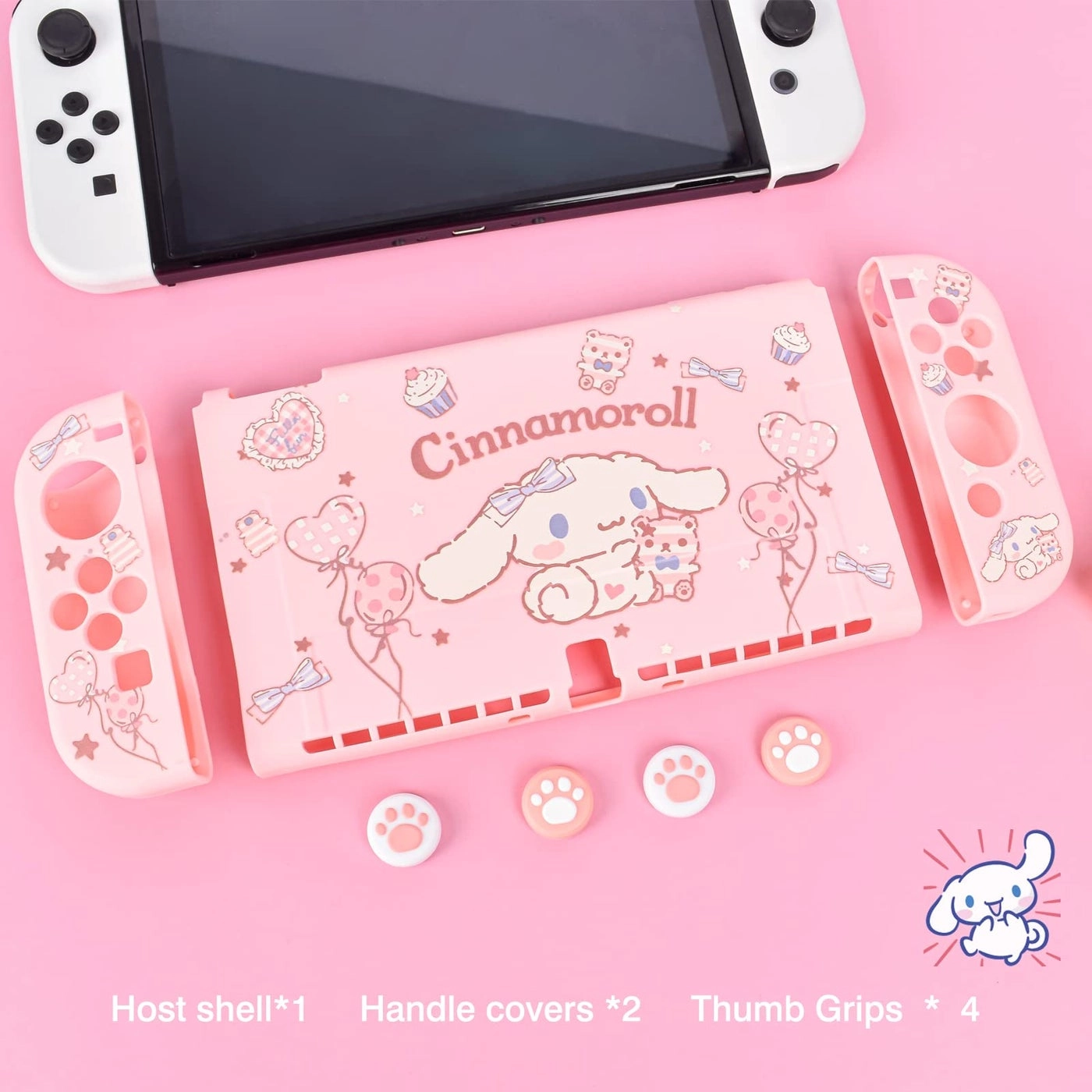Cute Dog Switch OLED Protective Case - Silicone Shockproof Pink 4PC Cat Claw Thumb Grips Caps