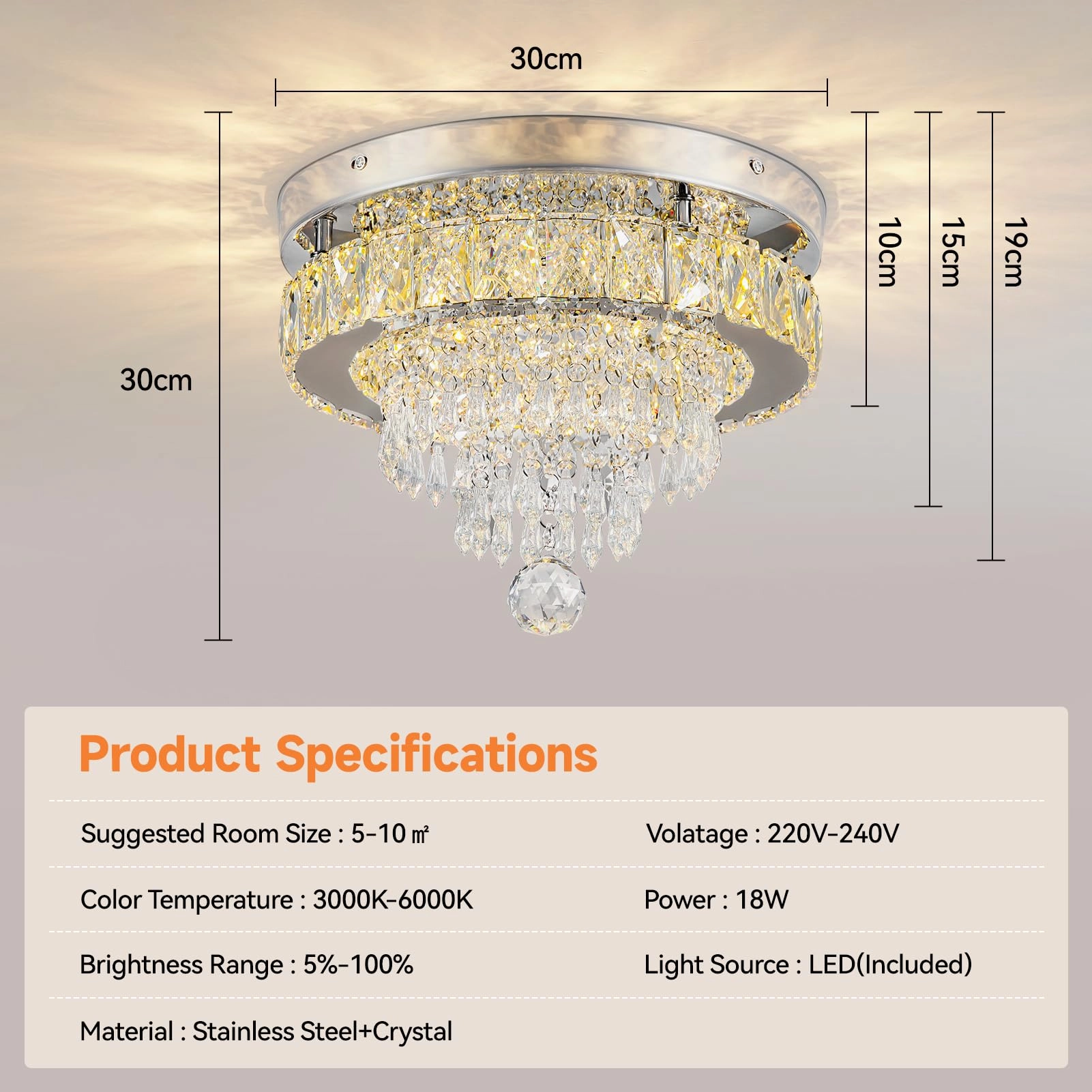 Crystal Ceiling Light - 3000k-6000k Dimmable
