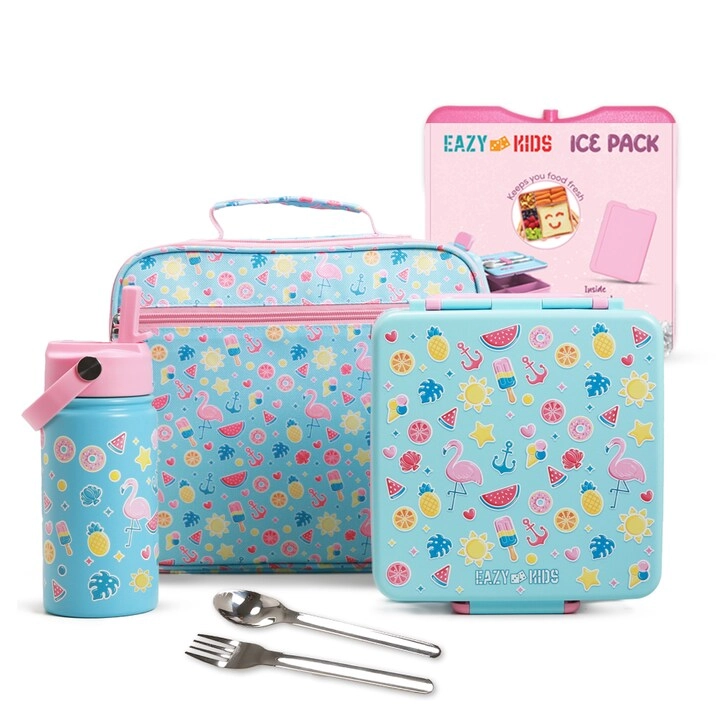 SAM BOX FZE Jumbo Bento Lunch Box + Steel Water Bottle + Spoon & Fork Set + Insulated Lunch Bag + Ice Pack - Flamingo Pink 1100ml