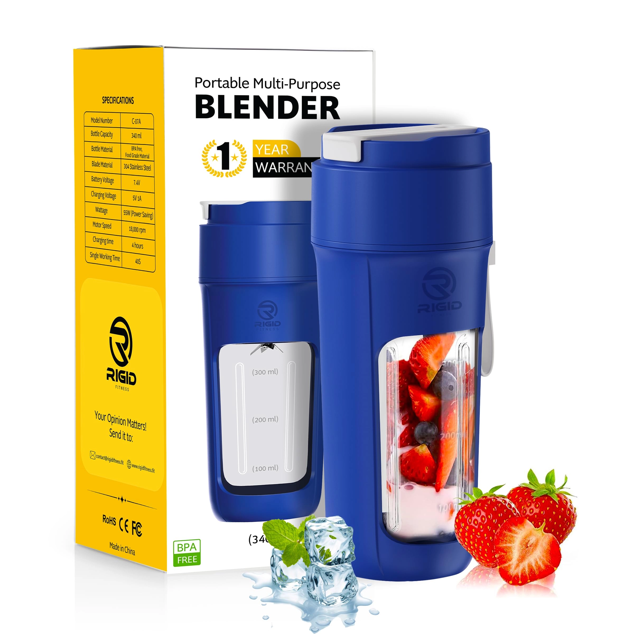 RIGID FITNESS Portable Blender Bottle - Cordless USB-C Stainless Steel Blade BPA Free