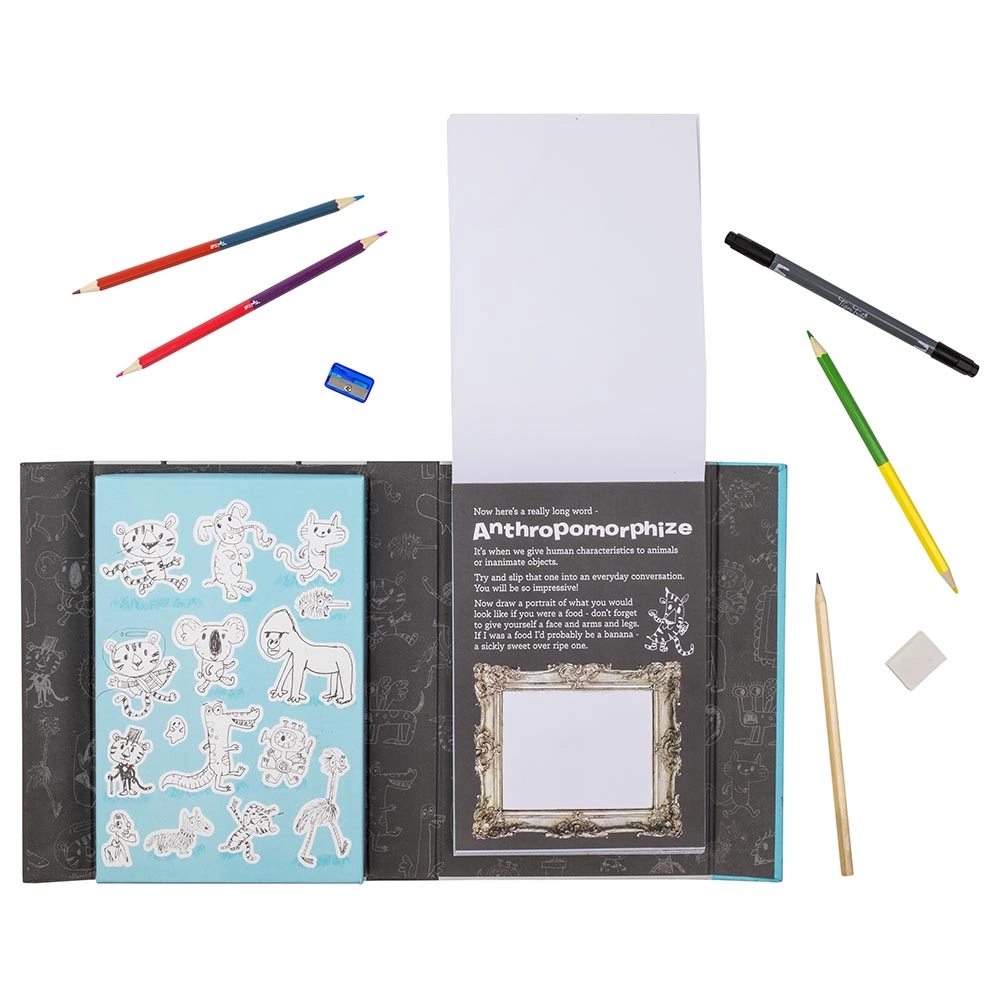 Drawing Inspiration - 50 page Guided Sketchbook 1 x dual-tip fine liner pen 1 x 2B artist's pencil