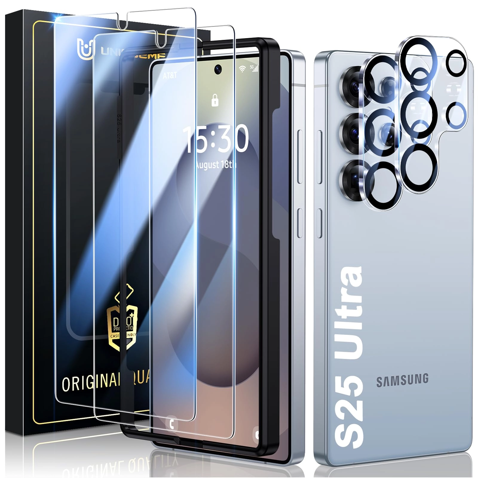 UniqueMe HD Tempered Glass Screen Protector + Camera Lens Protector for Samsung Galaxy S25 Ultra (2-Pack)