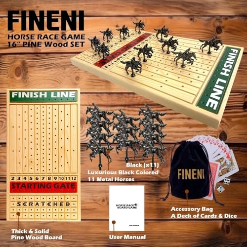 Horse Racing Game - 11 Metal Horses 16” Pine Wood Board Dice & Card