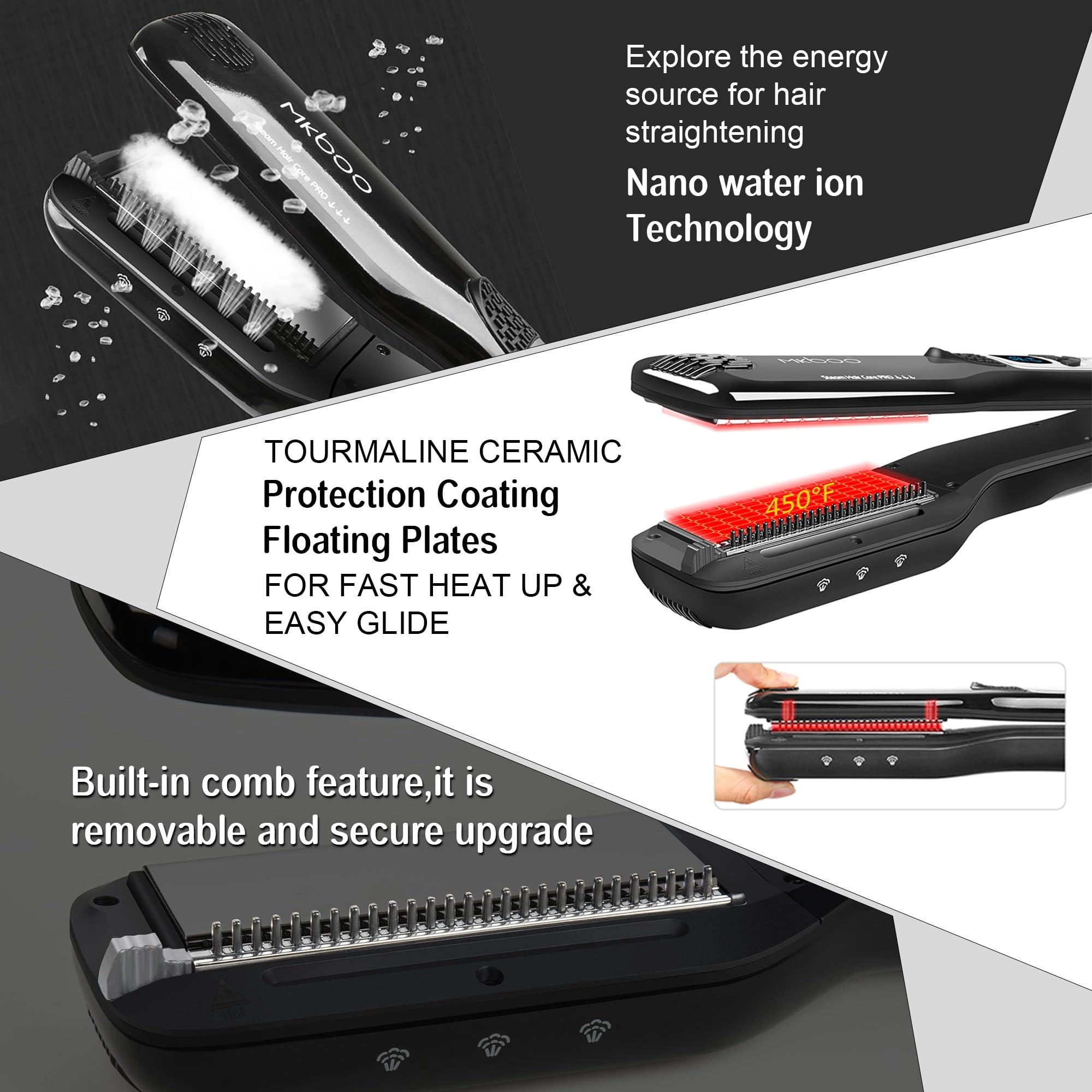 Hair Straightener with Steam - Nano Titanium Ceramic Removable Comb Digital LCD