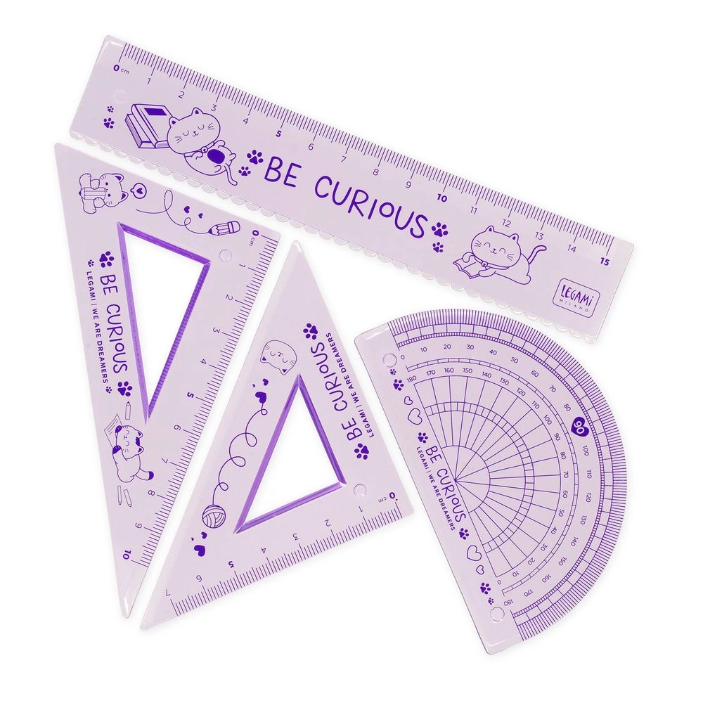 Legami Geometry Set - 15 cm ruler 60° set square 10 cm 45° set square 7 cm 180° protractor Case included