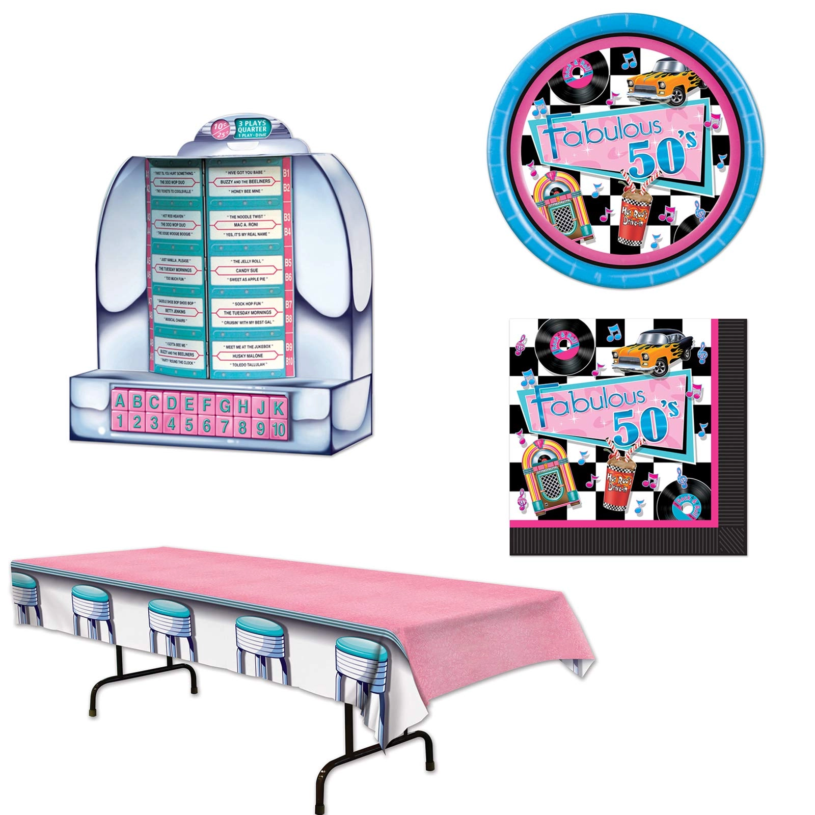 Beistl Fabulous 50s Table Cover + Plates + Luncheon Napkins + Cardboard Jukebox Centerpiece - 34 pieces Birthday