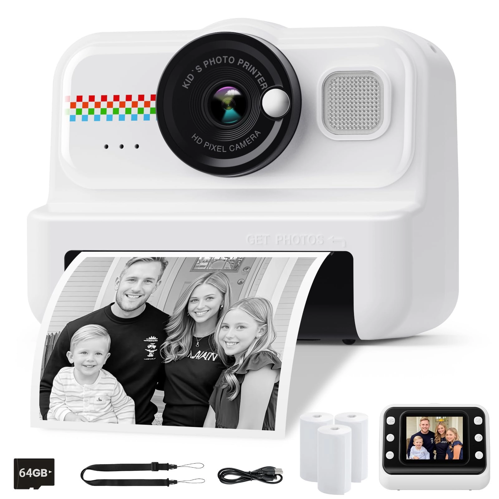 PFUTURE Kids Instant Print Camera - 1080P 64GB 3 Rolls Print Paper