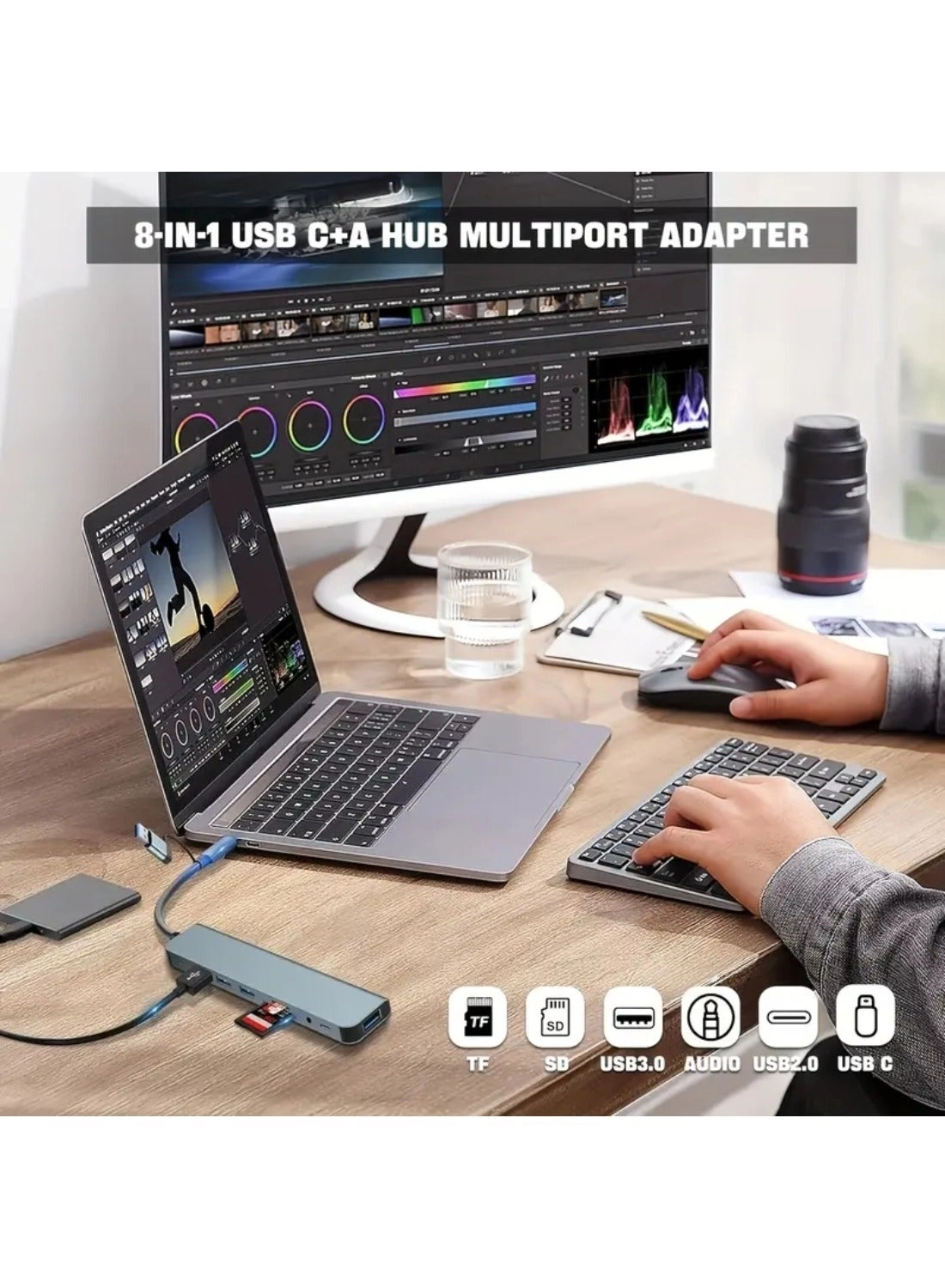 USB Hub Multiport Adapter - 8-in-1 4 USB 3.0 Ports USB-C