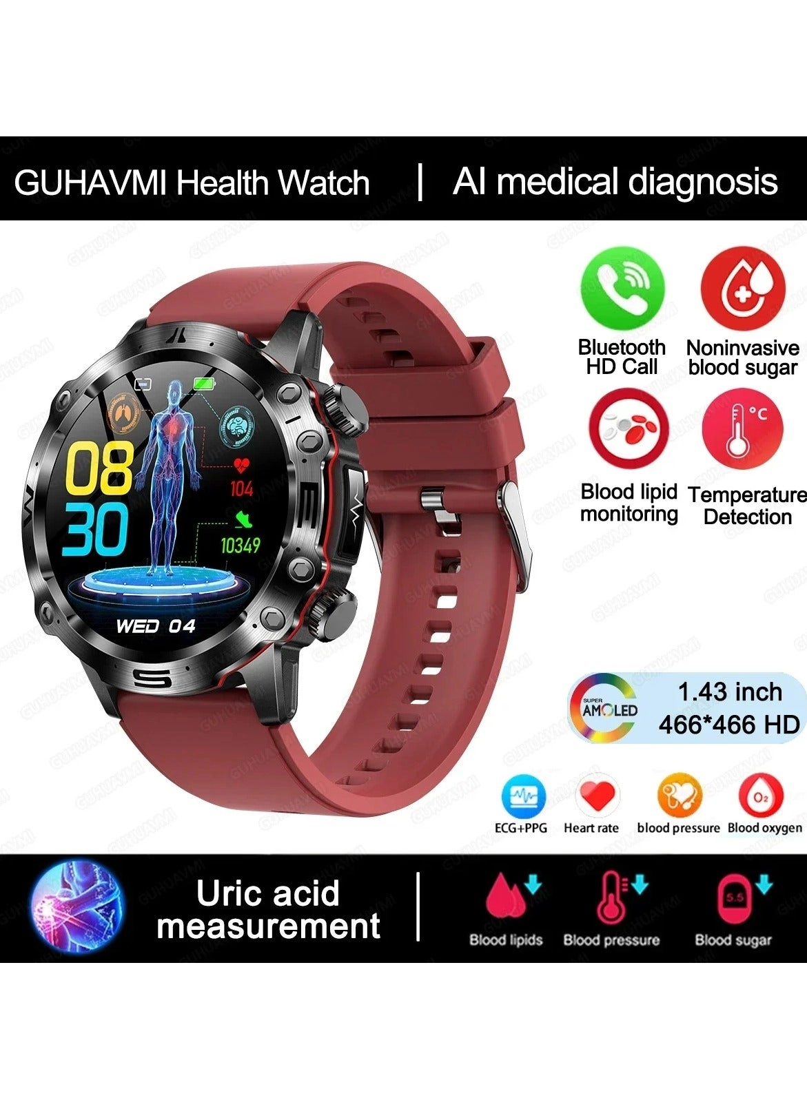 Glucose Monitoring Smart Watch - ECG Bluetooth Call SpO2