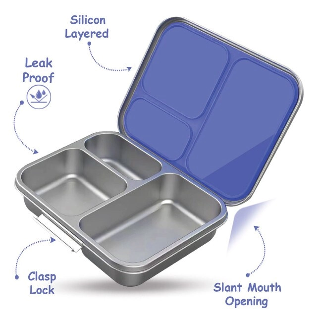 3 Compartment Bento Steel Lunch Box - 1750ml + Stainless Steel Water Bottle - 530ml