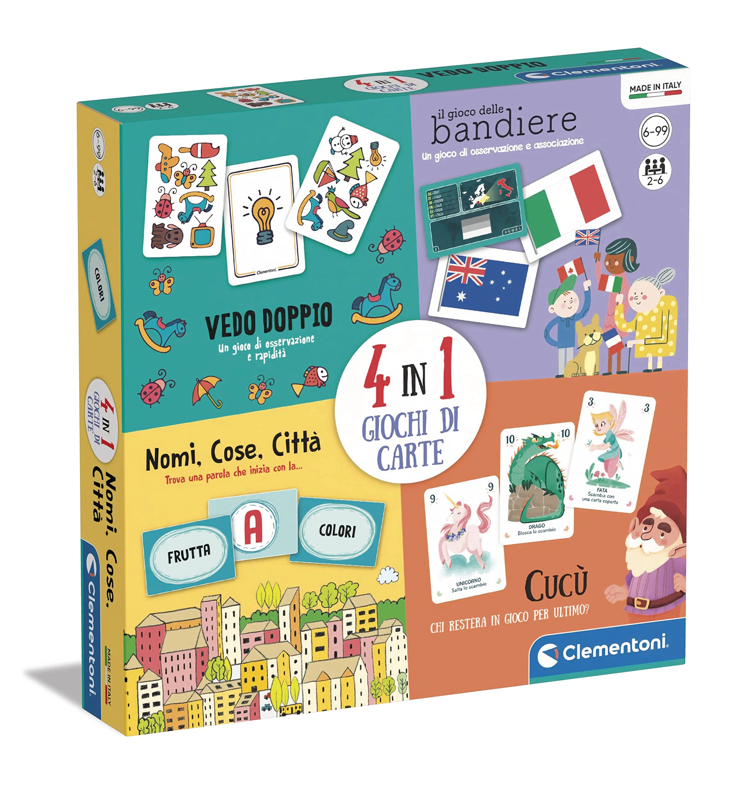 Clementoni 4-in-1 Card Games - Double See Names Things City Cuckoo Flag Game