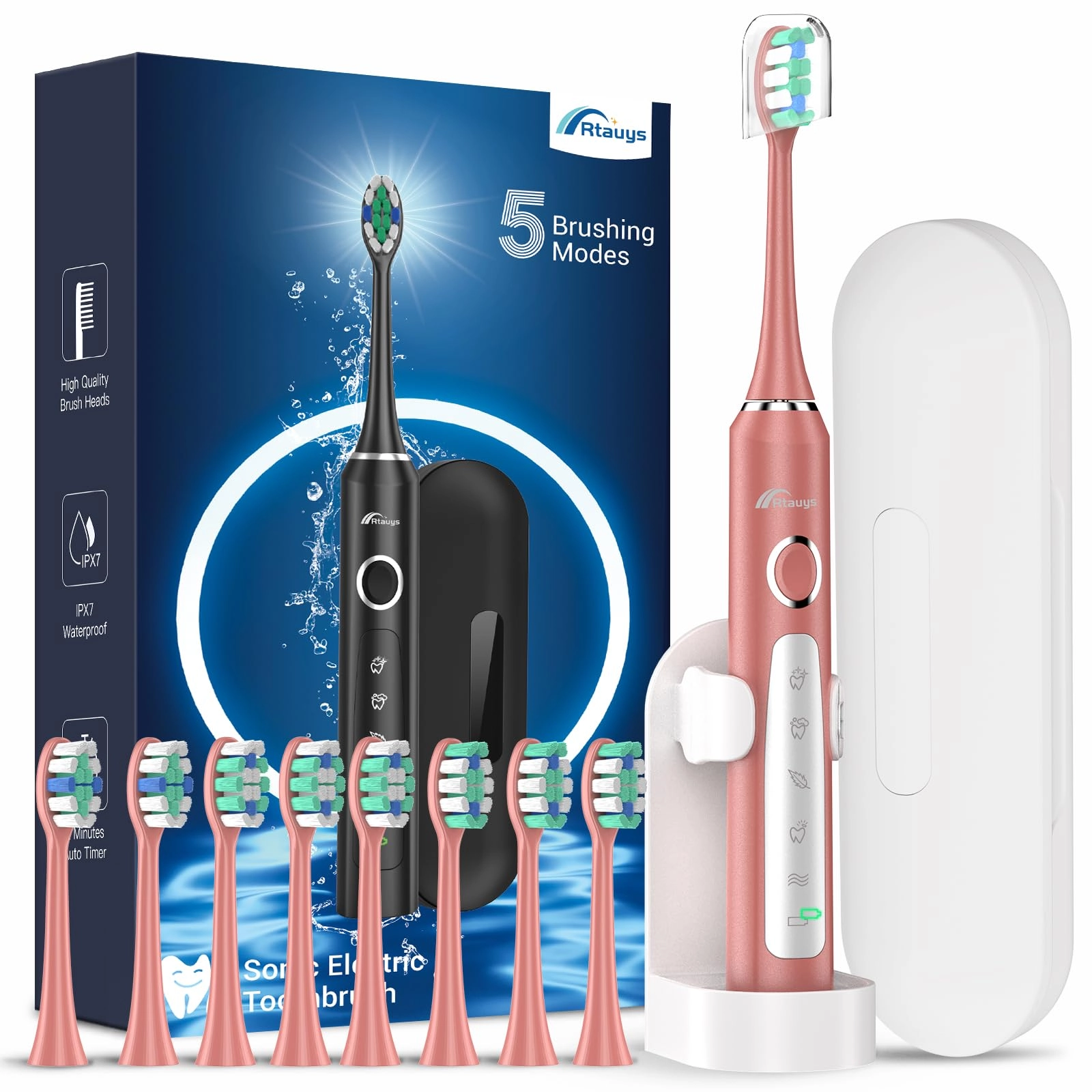 Rtauys electric toothbrush - 2 Rechargeable 12 Brush Heads 120 Days Battery Life Pack