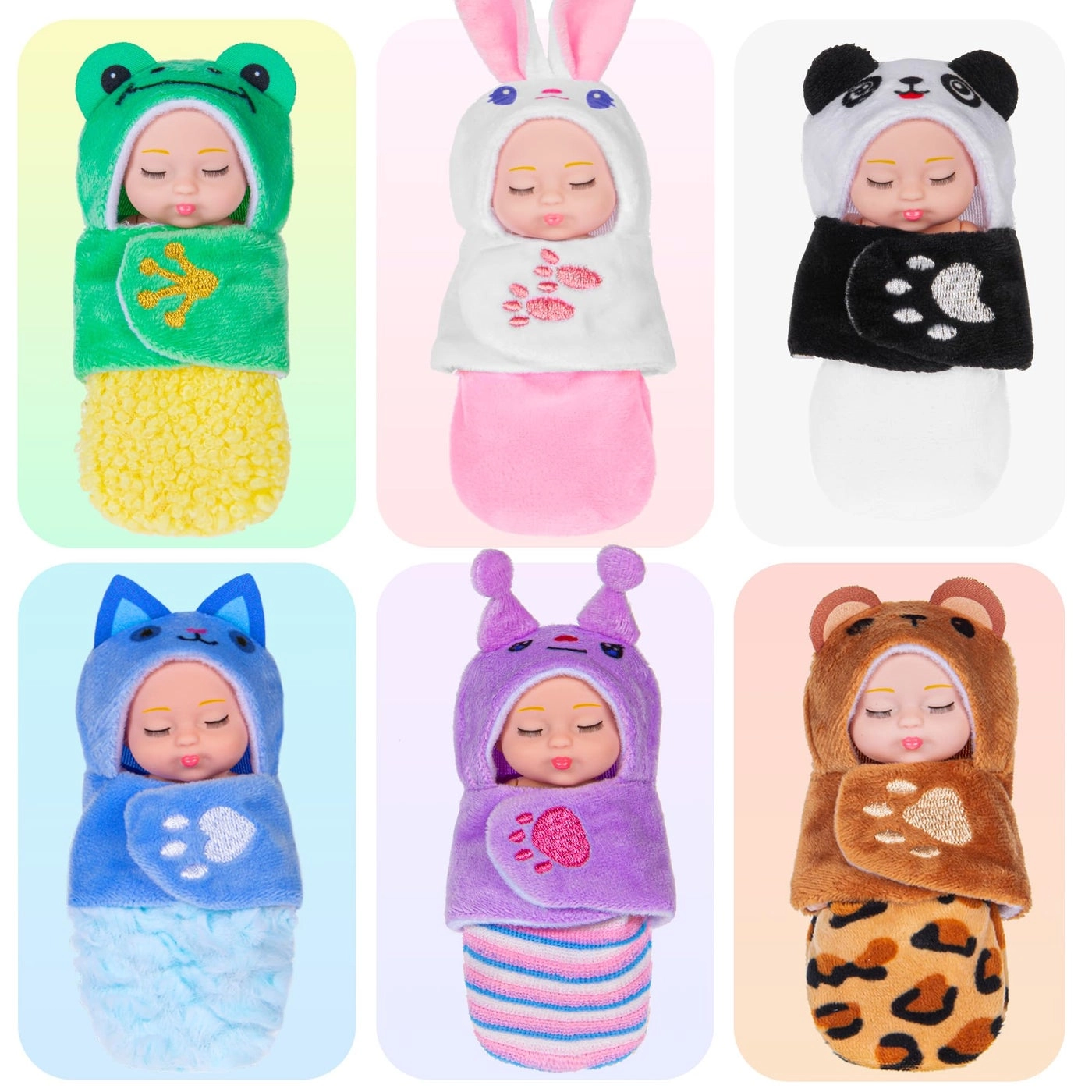 Mini Baby Doll - 4 inch Animal Sleeping Bag 6 Pack