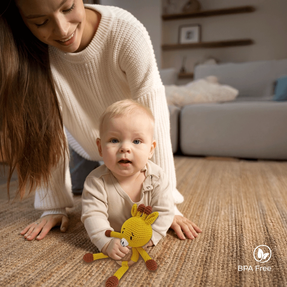 Handcrafted Crochet Toy With Teething Ring - premium cotton yarn