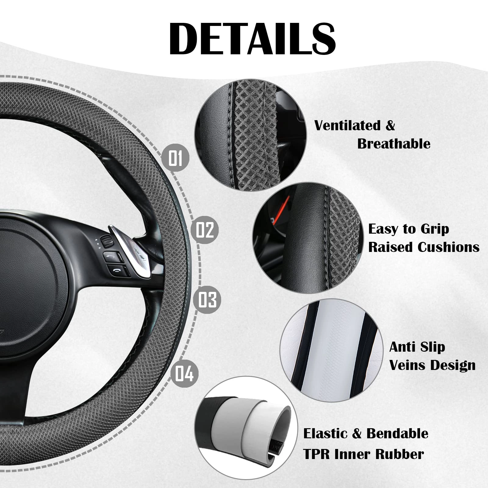 Car Seat Covers - Air Mesh Leather + Car Floor Mats - Waterproof + Steering Wheel Cover - Sporty