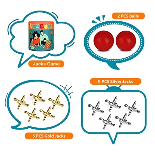 Jacks Game - 10 Metal Jacks 2 Red Rubber Balls