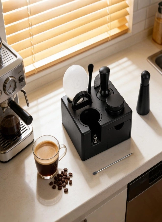 Knock Box + Espresso Tool Kit + Espresso Tamping Station + Distributor + Stirrer + Dosing Funnel + Needle Distributor + Puck Screen + Cleaning Brush + Latte Art Pen