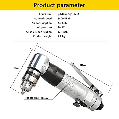 90 Degree Pneumatic Angle Drill - 1400 RPM 1/4 Inch Chuck 0.6-6mm Clamping Capacity