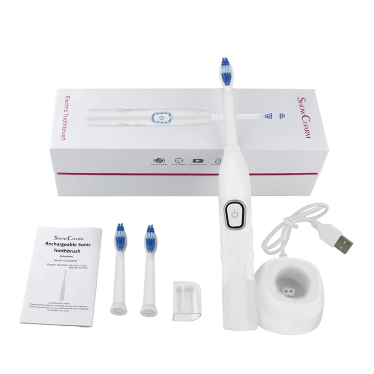 USB Rechargeable Sonic Electric Toothbrush - Soft Bristles Waterproof White