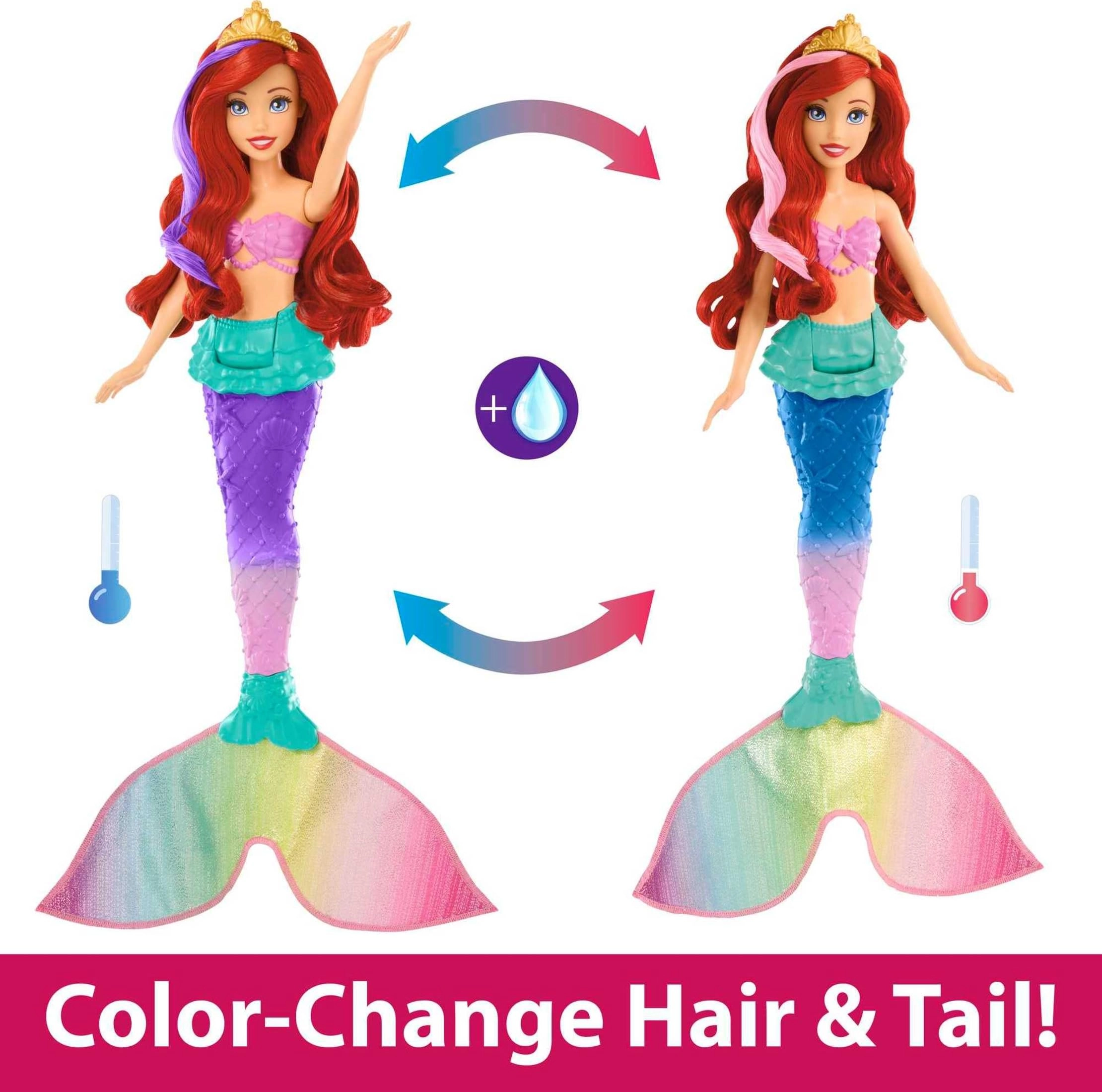 Ariel Swimming Mermaid Doll - Color-change hair and tail Includes seahorse friend