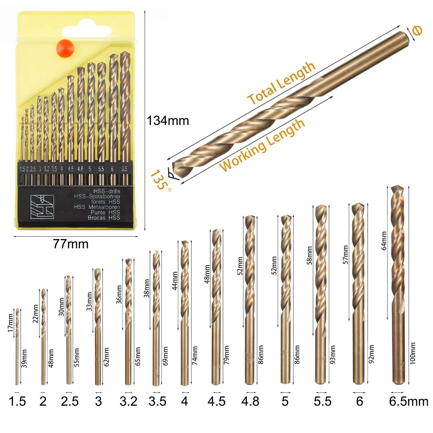 HSS Twist Drill Bit Set - M35 Cobalt Steel 13pcs 1.5mm-6.5mm