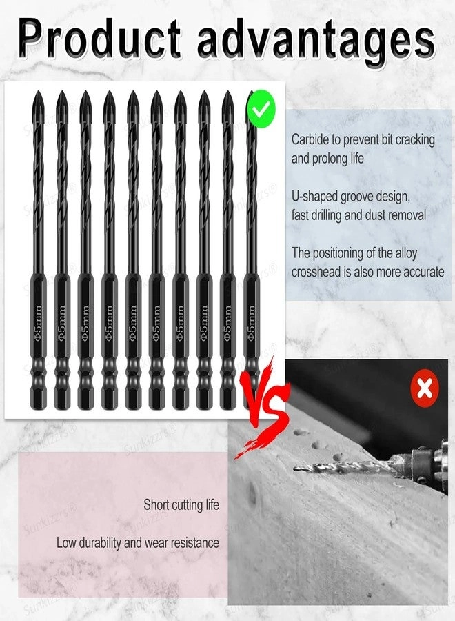 Hex Cross Tile Drill Bits - Alloy Steel 5pcs 8mm