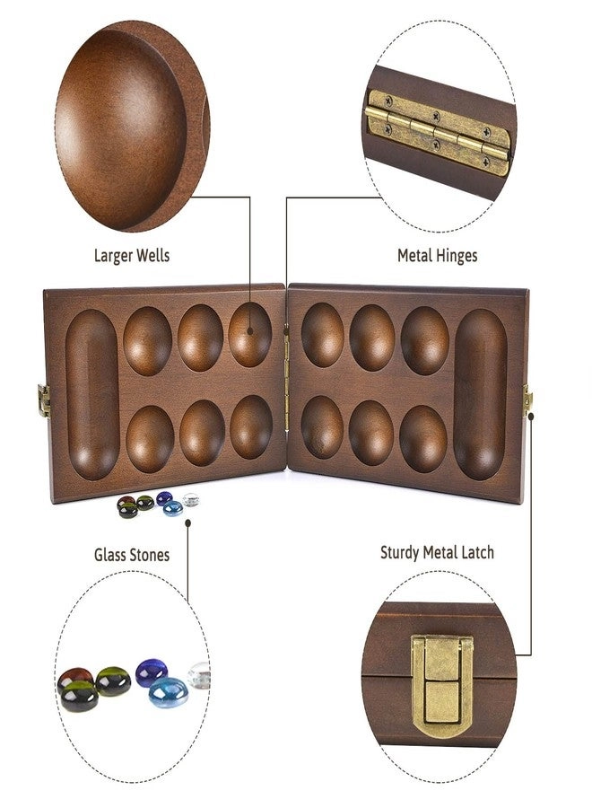 Mancala - Wooden Folding 728 Bonus Multi Color Glass Stones