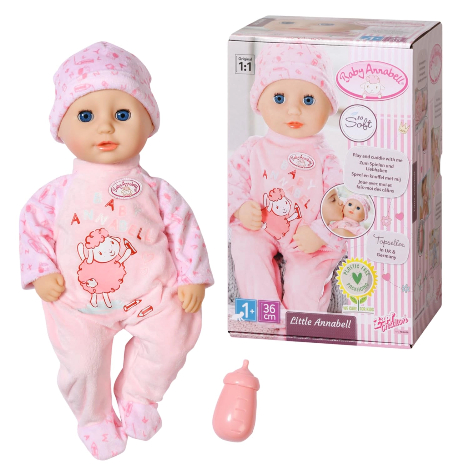 Annabell Baby Doll - 14 inch Soft-Bodied Eyes Open & Close Blue Eyes Pink Outfit Ages 1+