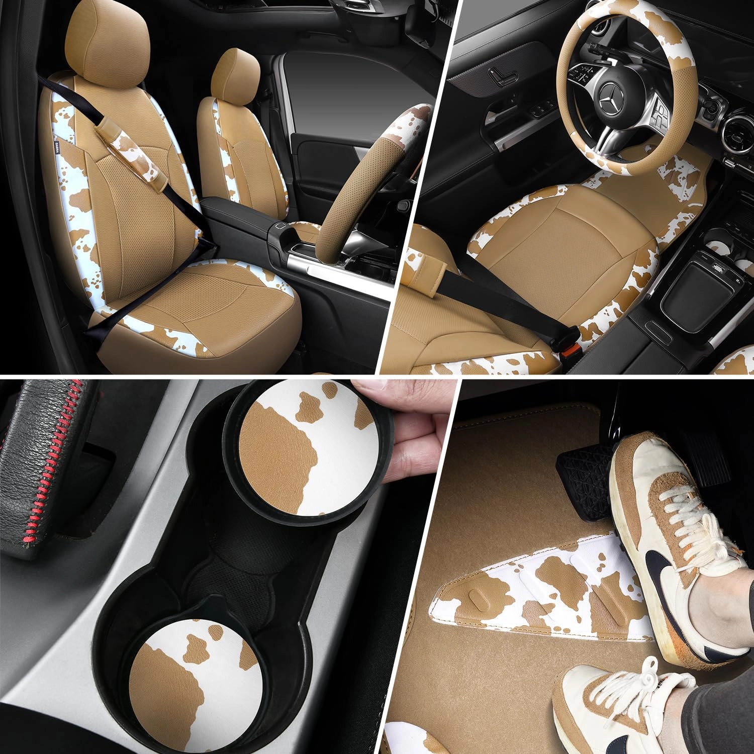 Car Seat Covers - Air Mesh Leather + Car Floor Mats - Waterproof + Steering Wheel Cover - Sporty