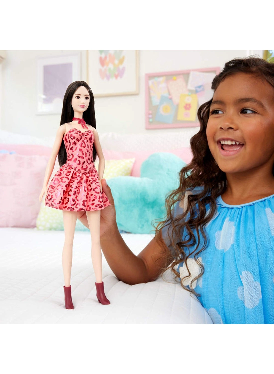 Barbie Fashionistas - #246 Black Hair Pink Leopard Print Strapless Dress Ages 3+