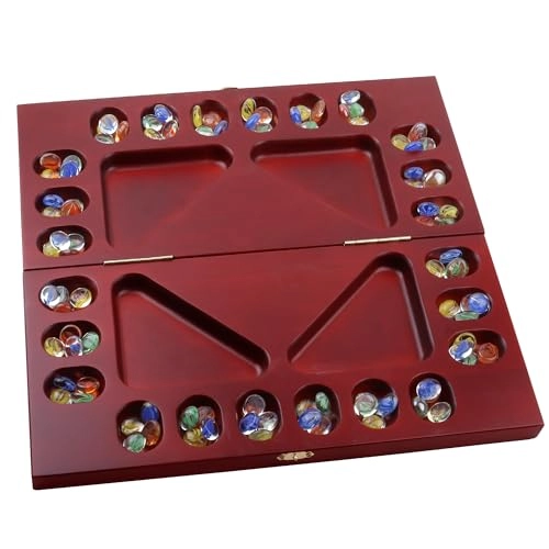 GSE Games & Sports Expert Folding Wooden Mancala - Multi-Color Glass Stones Storage Bag