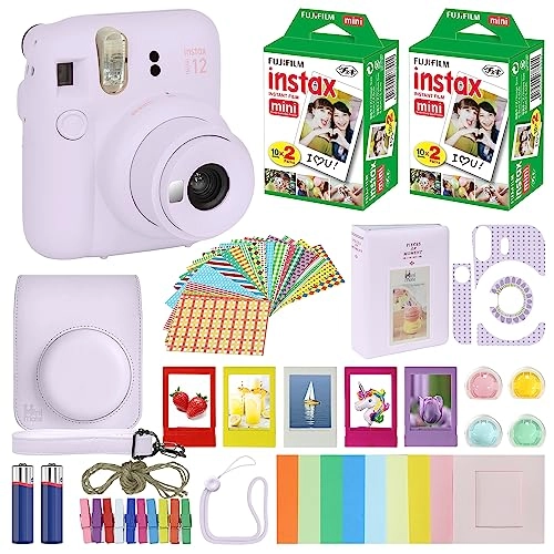 Mini 12 - Lilac Purple + Instax Mini Film 40 Sheets + Camera Case - Lilac Purple + Instax Mini Photo Album 64 Pockets + Colorful Filters 4 pcs + Hanging Film Frames 10 pcs + Table Photo Plastic Frames 5 pcs + Camera Sticker Sunflowers Floral + Photo Instant Film Stickers 60 Sheets + Camera Strap Matching + 2 AA batteries