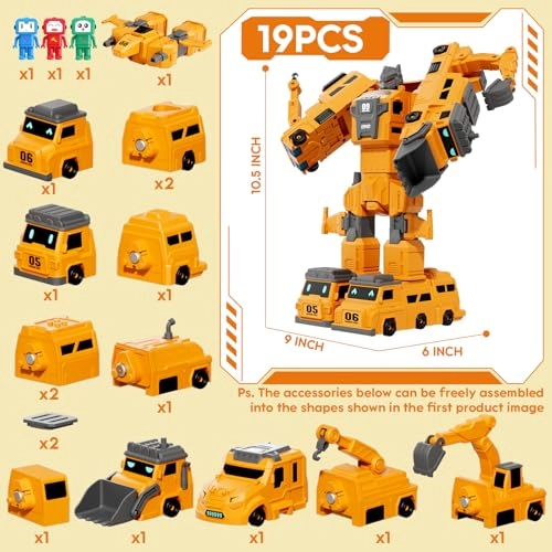 Magnetic Transform Engineering Car - 19PCS 10 in 1 Yellow