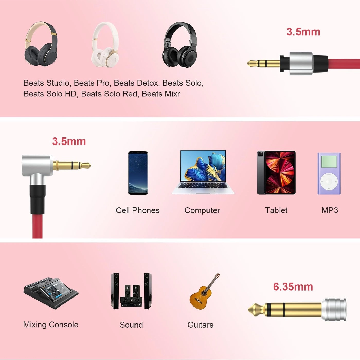 Auxiliary Extension Cable for Beats by Dr Dre Solo Studio Pro Detox Edition Headphones