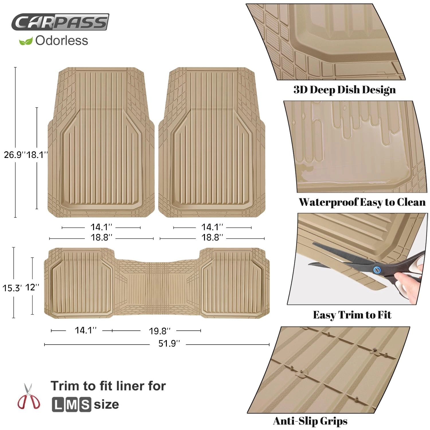 Heavy Duty Rubber Floor Mats - Universal Fit 3pcs Black Purple