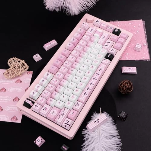 Gradient Cute Pink and White Keycaps Set - ANSI/ISO Keycaps Puller