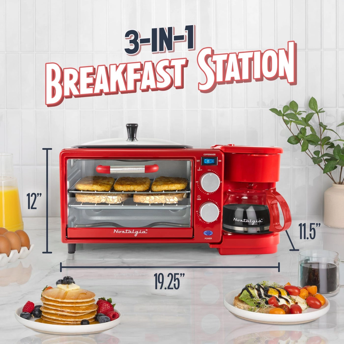 3-in-1 Retro Breakfast Station - 5 Cups Non-Stick Ceramic Griddle 4-Slice Toaster Oven