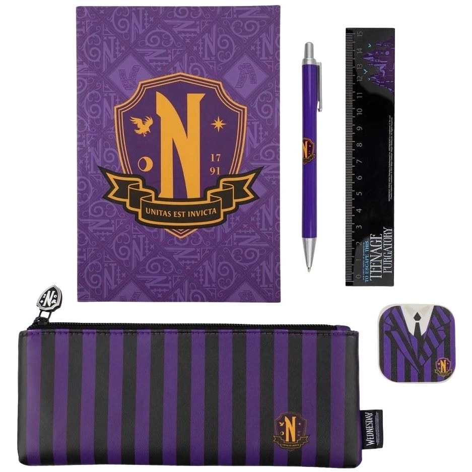 CINEREPLICA Nevermore Academy Stationery Set - 1 pencil case 1 notebook 1 pen 1 eraser 1 ruler