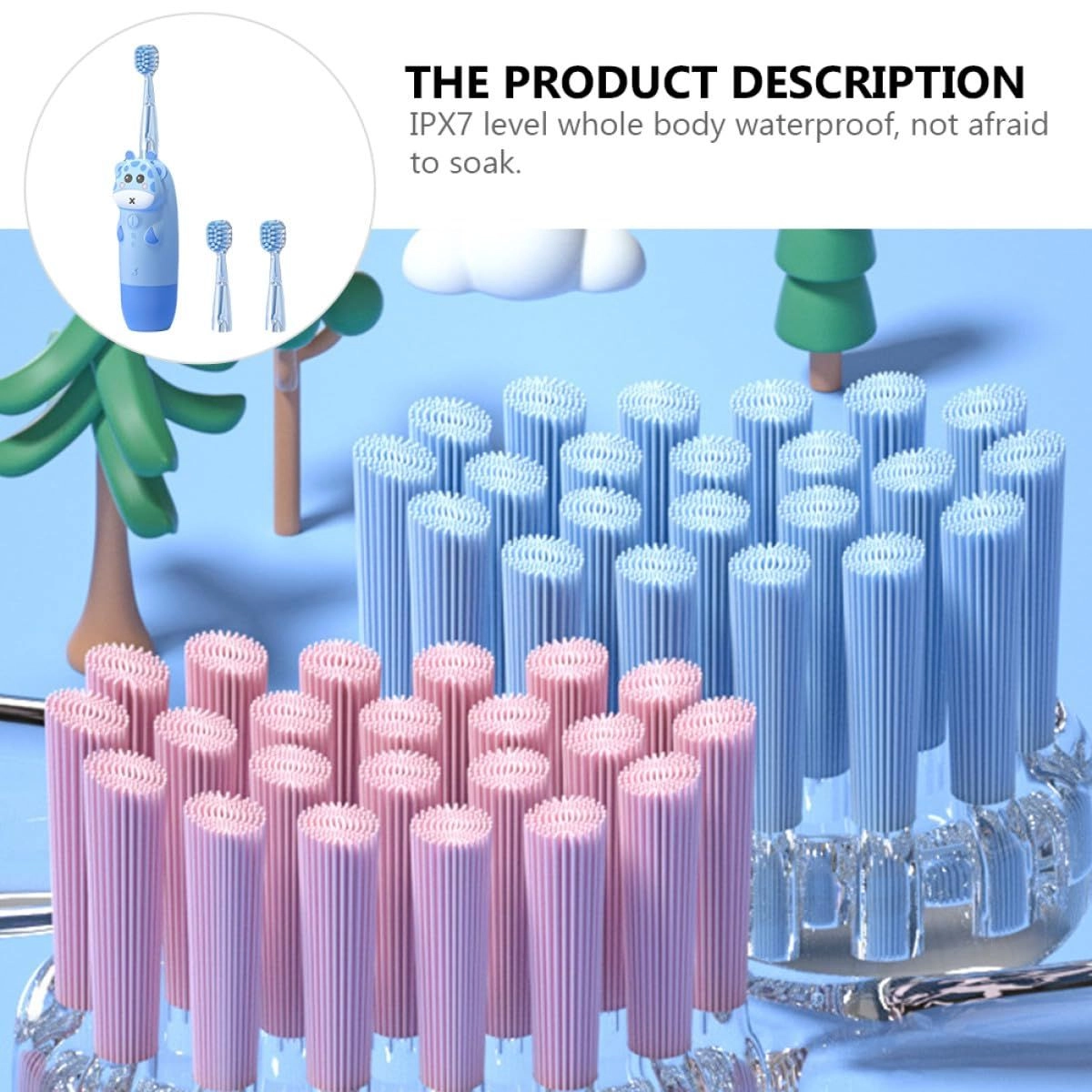 Electric Toothbrush - 2 Blue Animal Brush Heads USB Rechargeable Set