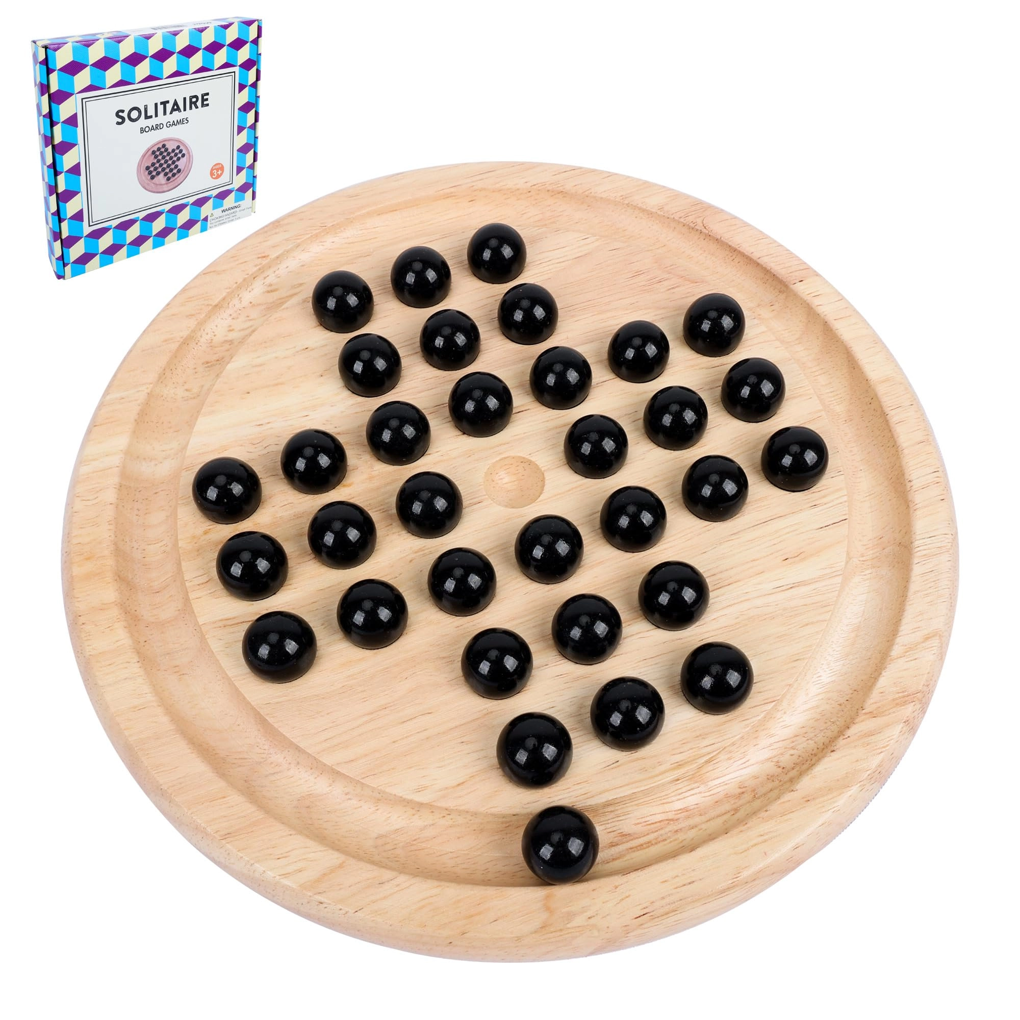 Offelec Solitaire Board Game - 33 Black Glass Marbles