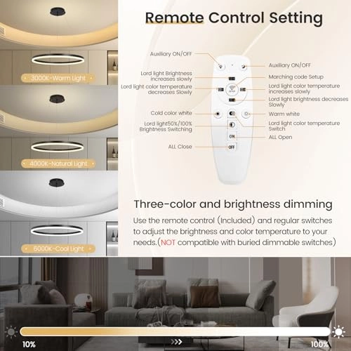 Modern Round LED Chandelier - 3000K–4000K–6000K Dimmable