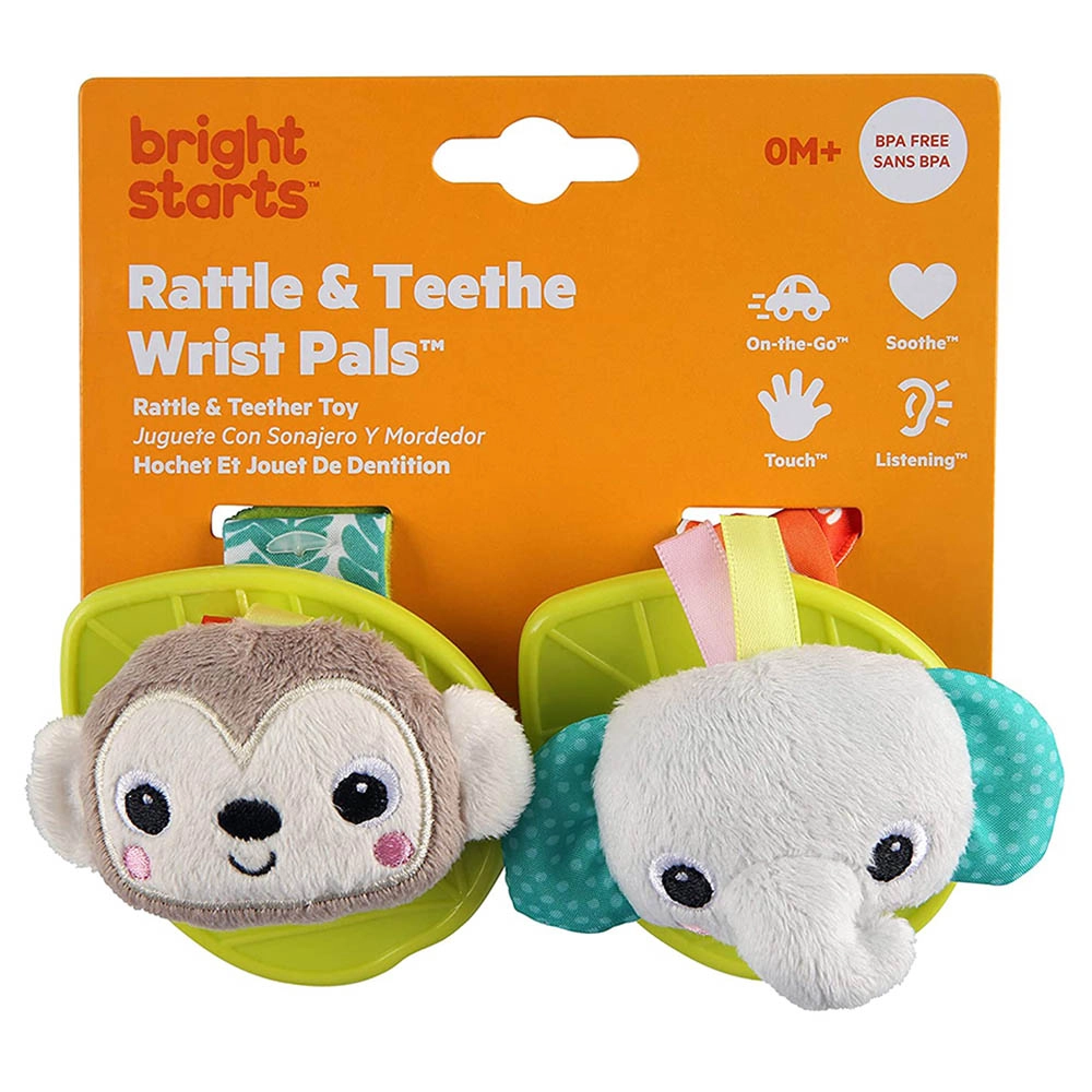 Rattle & Teethe Wrist Toy - Monkey & Elephant - BPA-free silicone