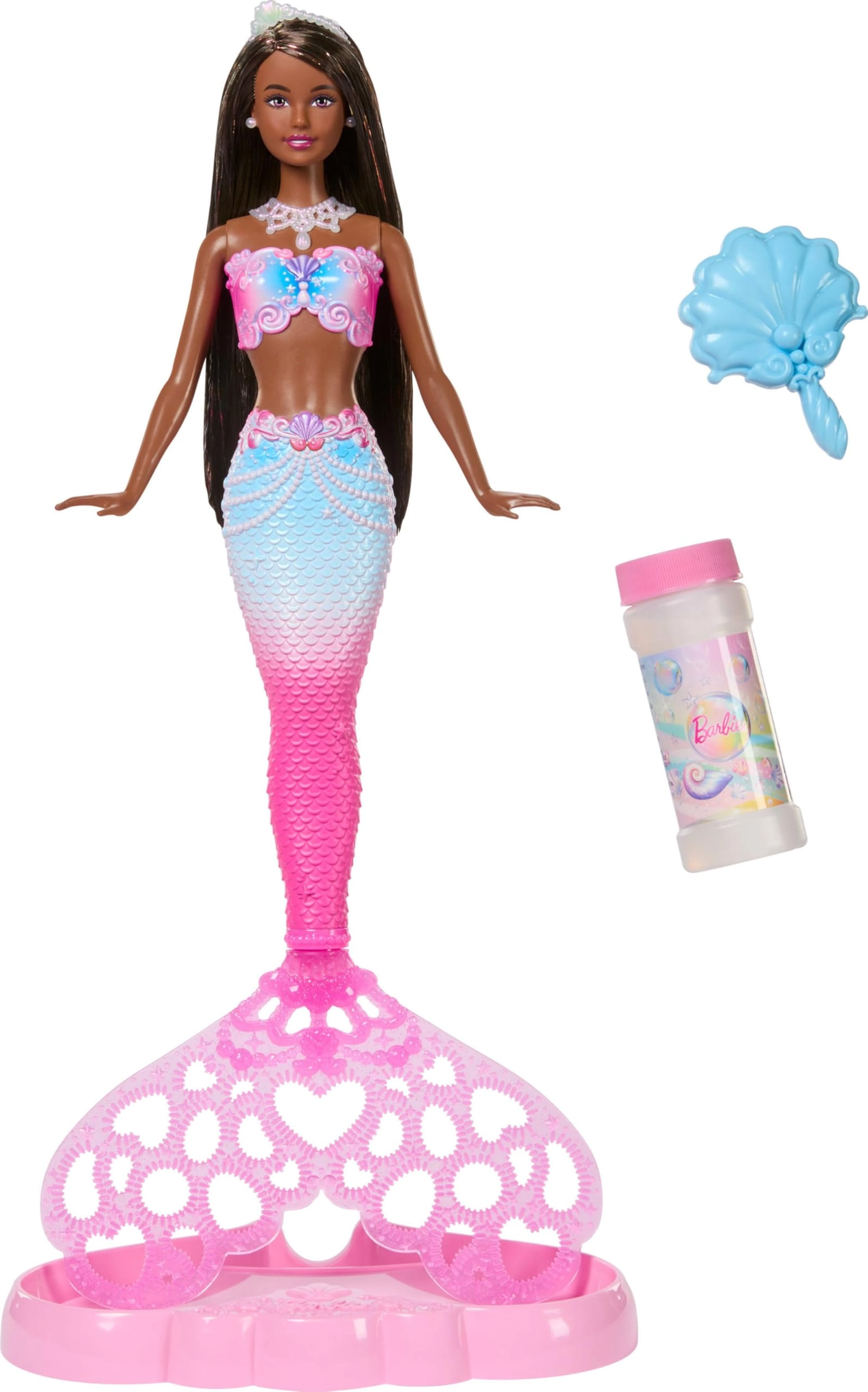 Barbie Sparkle Mermaid - Bubble-Making Feature Tray & Hairbrush Long Color-Streaked Brunette Hair Ages 3+