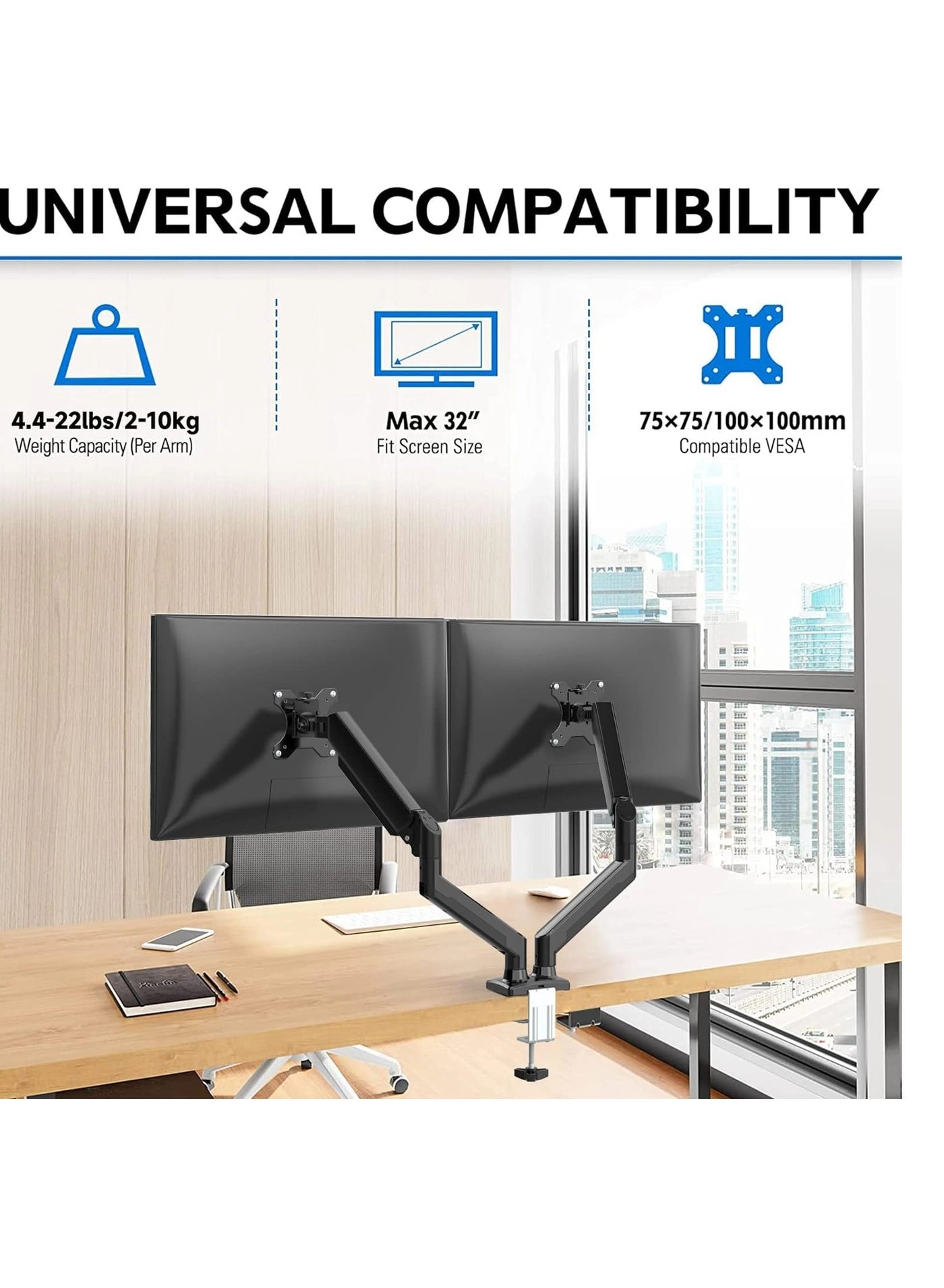 Dual Monitor Stand - 32 Inches 75x75/100x100mm