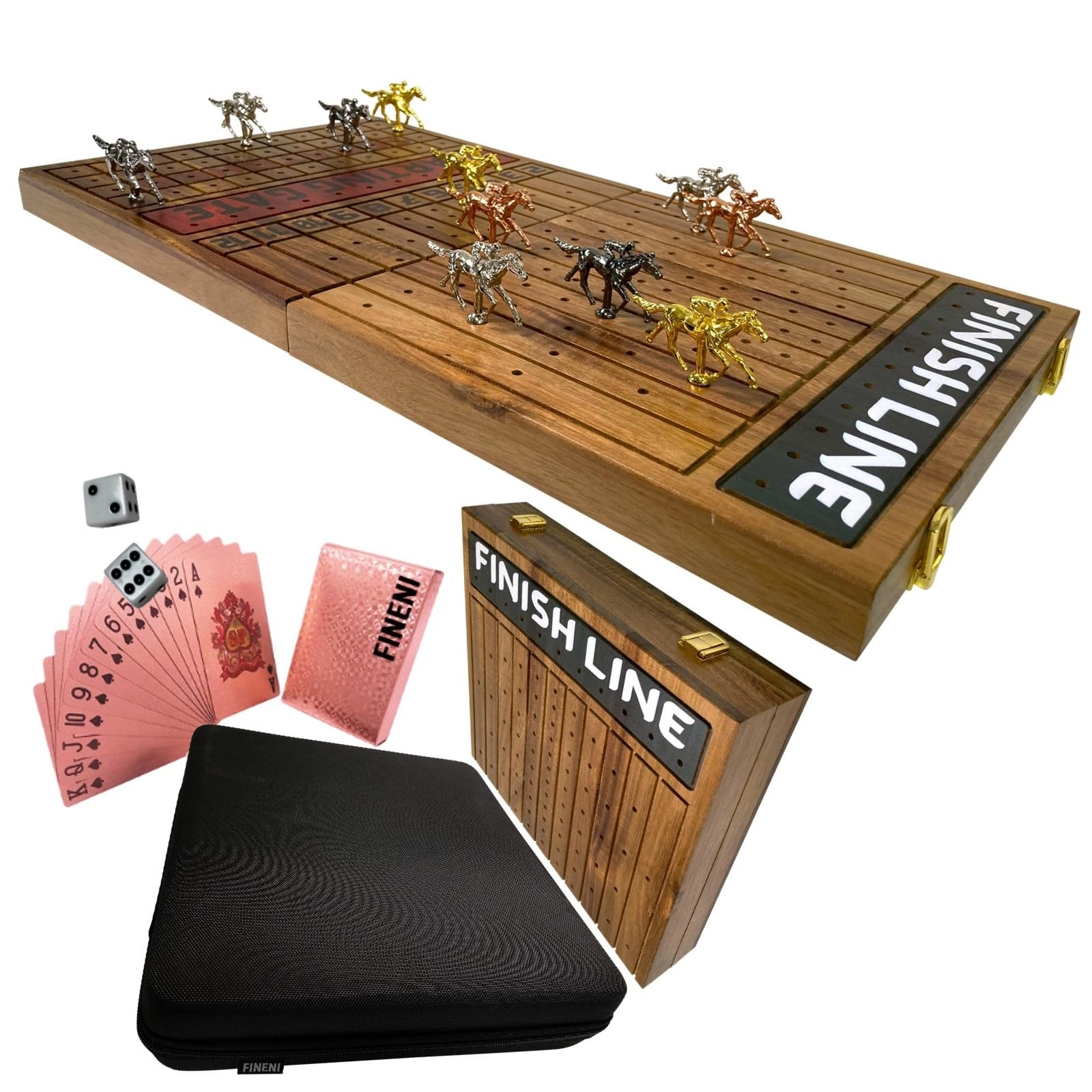 FINENI Horse Racing Game - Foldable 22” Acacia Wood 11 Metal Horses