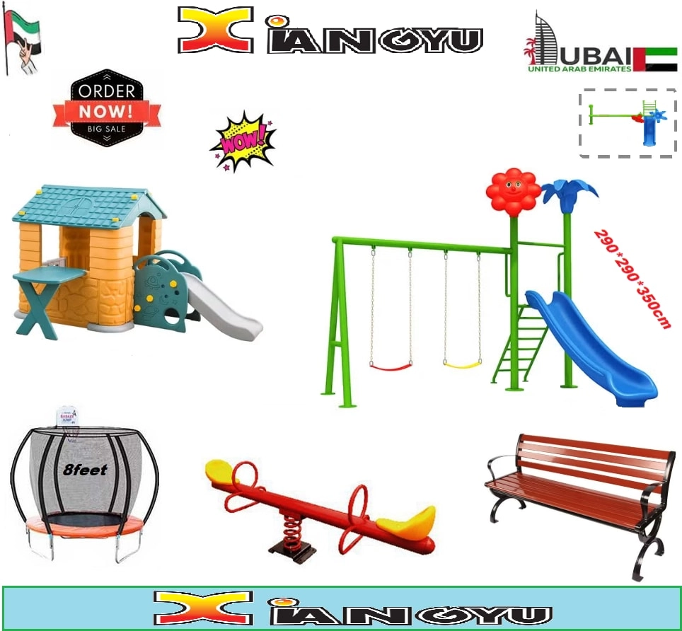 Spring Rider + Round Trampoline - 8FT + Caterpillar Tunnel + Slide and Swing Playground Set + Two Seater Seesaw