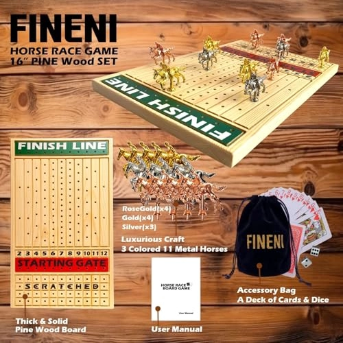 Horse Racing Game - 11 Metal Horses 16” Pine Wood Board Dice & Card