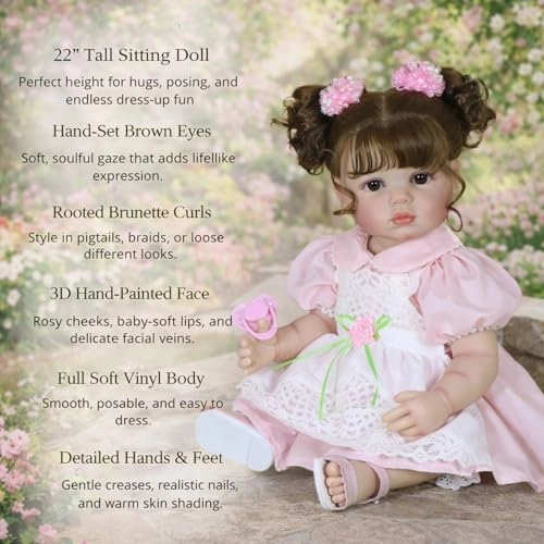 Reborn Toddler Doll - 22 inch Full Vinyl Body Rooted Brown Hair Ages 14+