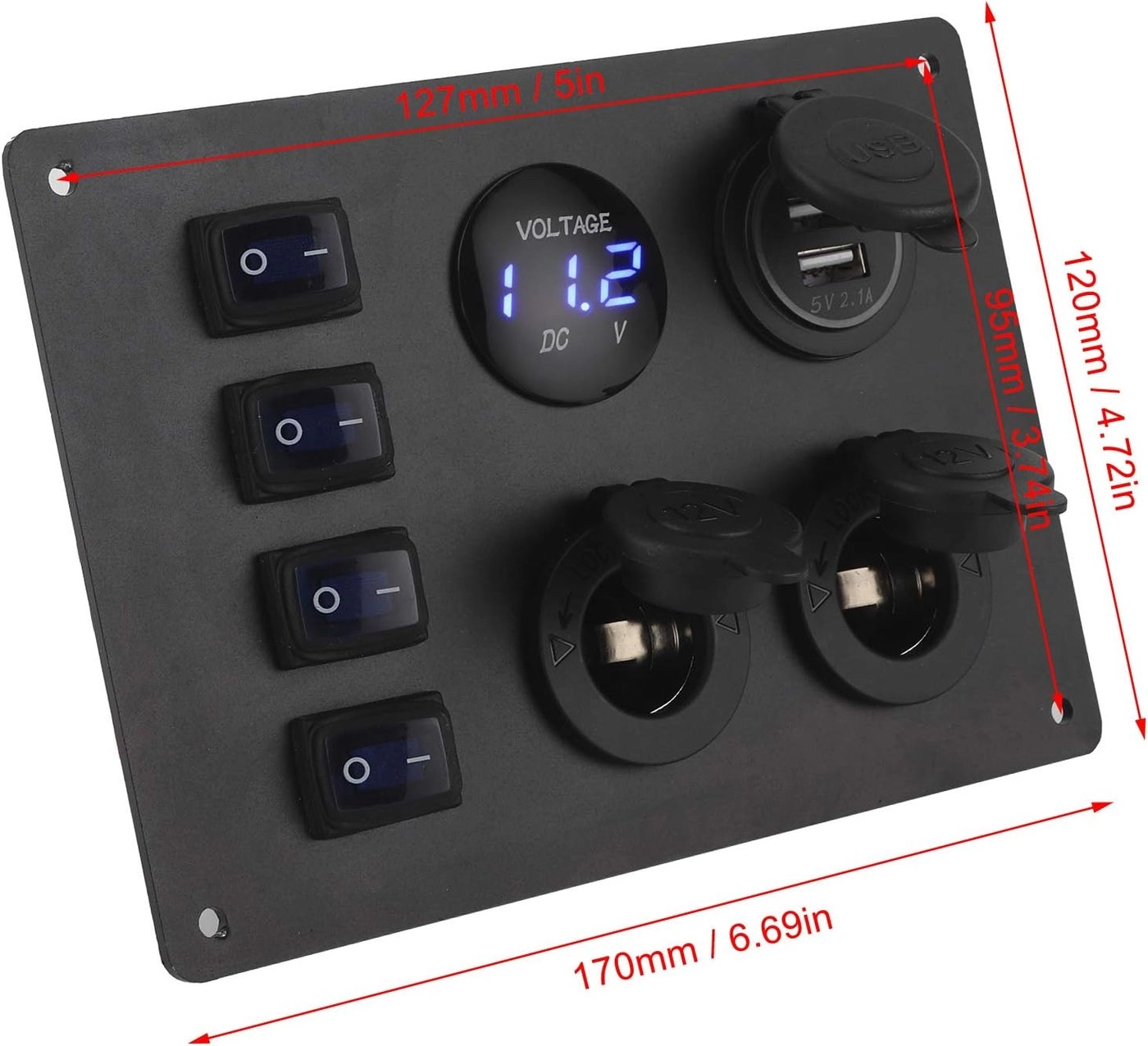 Rocker Switch Panel - 4 Gang Dual USB 12V Voltmeter